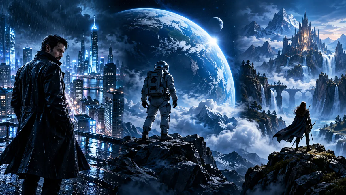 Illustration : un homme en imperméable face à une ville sous la pluie, un astronaute devant une planète et une aventurière face à une citadelle.