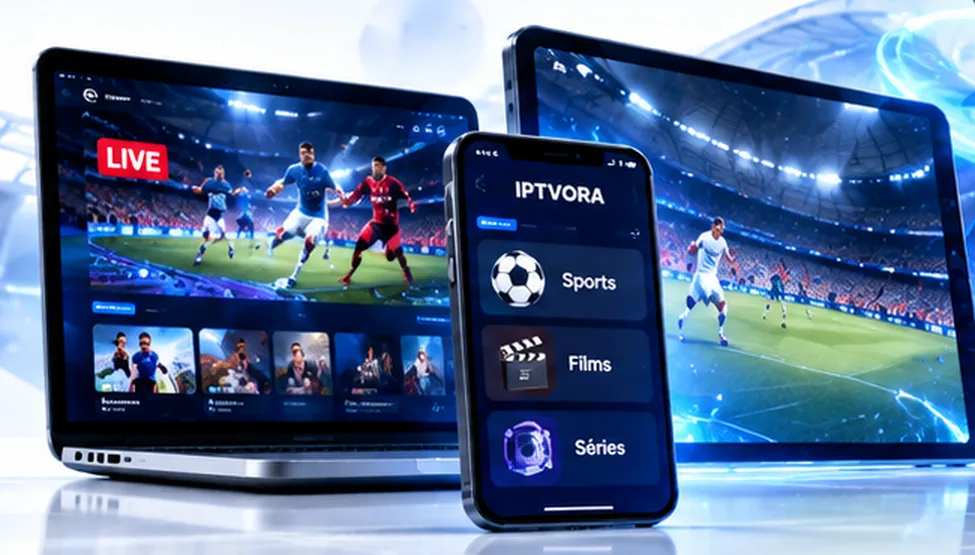 IPTVORA sur ordinateur, smartphone et tablette : rubriques Sports, Films et Séries.