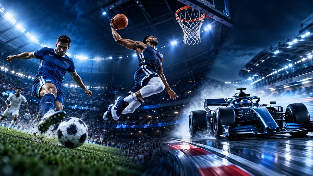 Illustration : un footballeur, un basketteur au dunk et une monoplace sur piste mouillée, sous les projecteurs d'un stade.